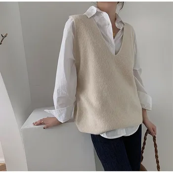 Image of Autumn Knitted Vest For Women Cardigan Sweater Solid V-Neck Thin Contrast Loose Sweet Elegant Casual All Match Female Tops
