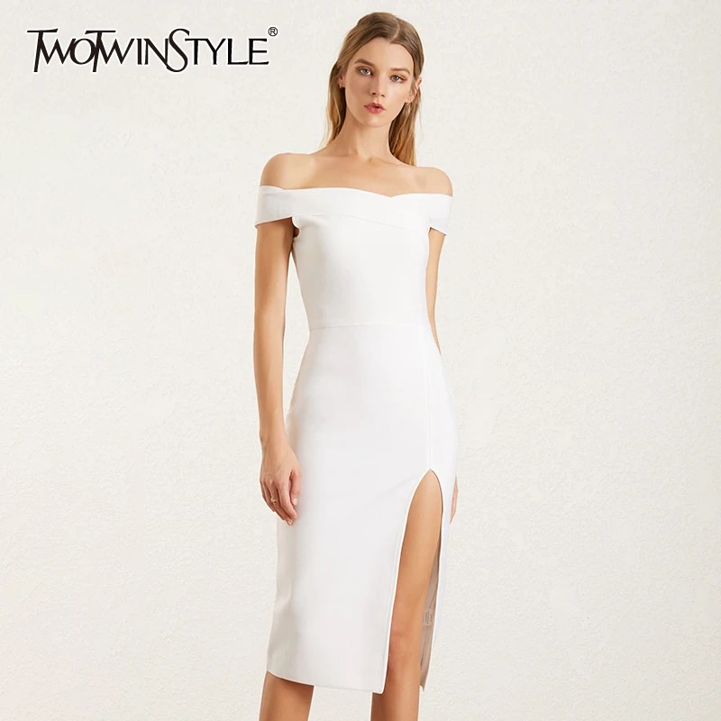 

TWOTWINSTYLE Sexy Off Shoulder Dress Women Slash Neck Sleeveless High Waist Side Split Summer Evening Party Dresses Female 2019