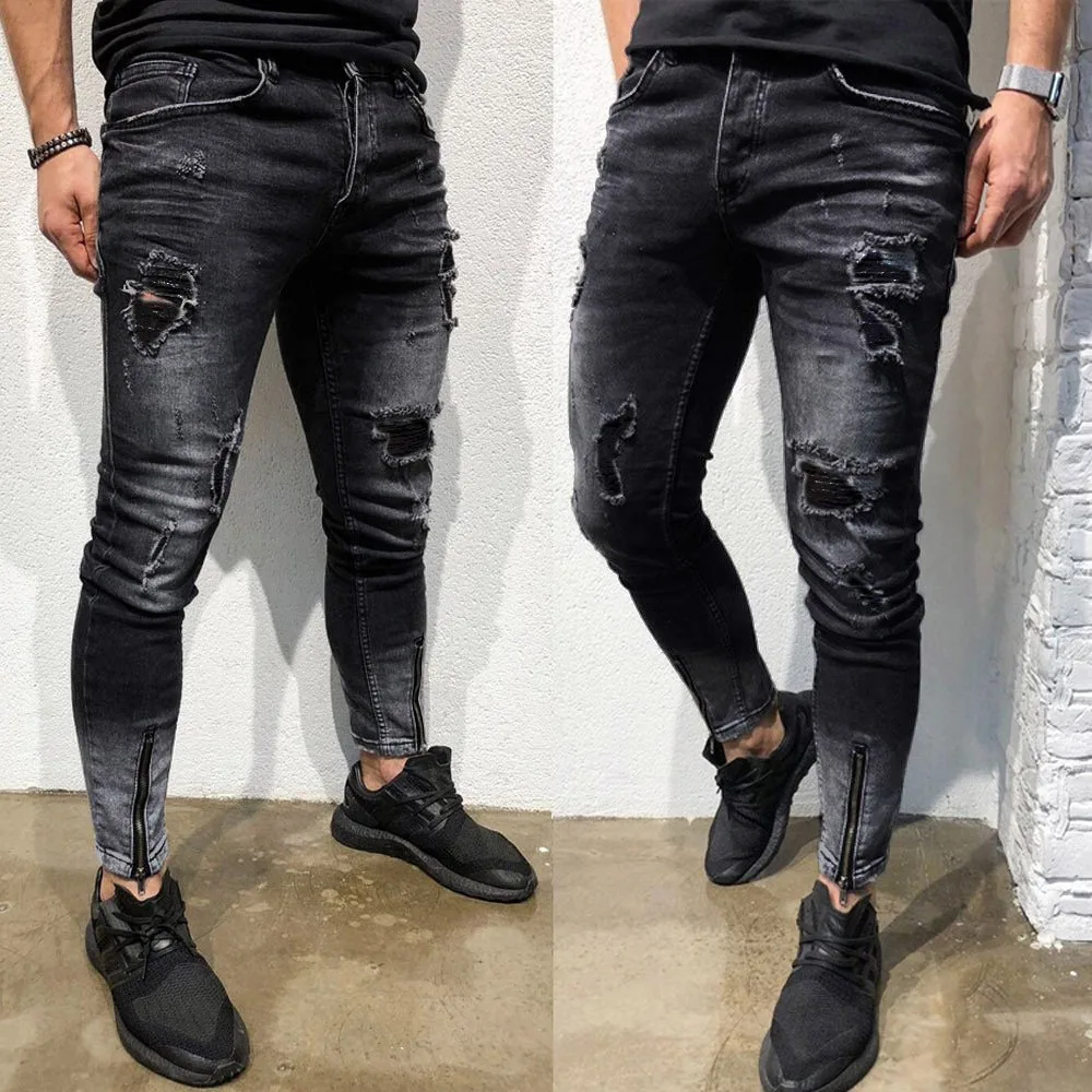 

New Men Skinny Stretch Denim Pants Distressed Ripped Freyed Slim Fit Jeans Trousers High Quality Daily Comfy Jeans Штаны Мужские