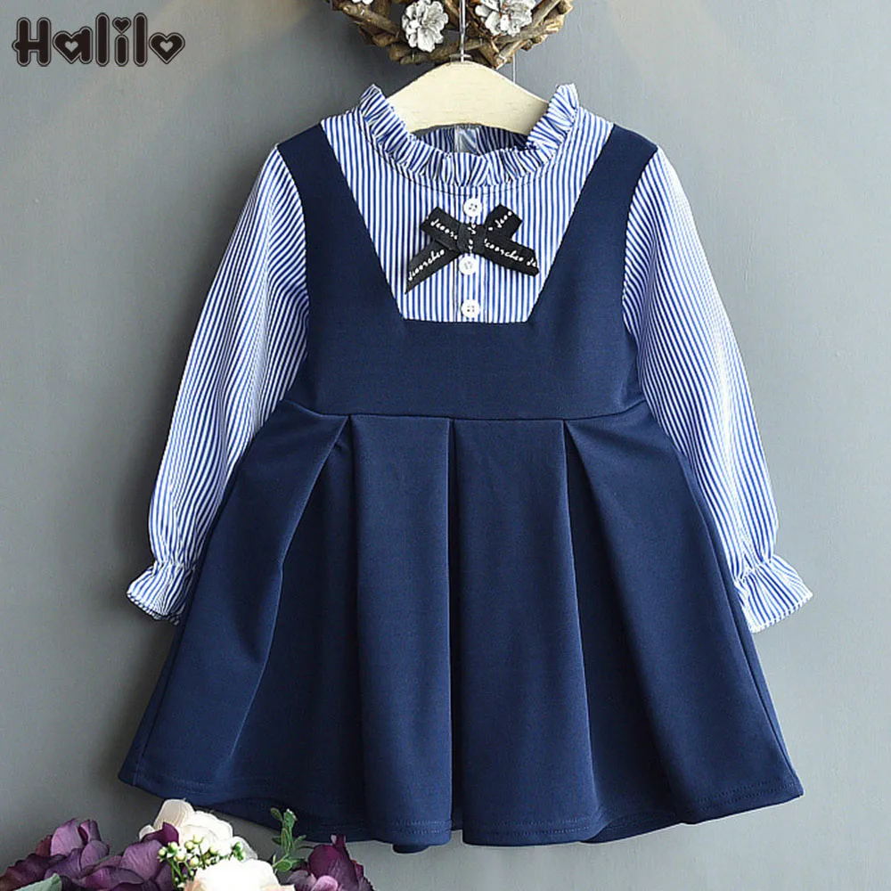 Halilo/осенние платья для маленьких девочек с расклешенными рукавами; детская одежда с полосками; рождественские костюмы принцессы для девочек; праздничное детское платье