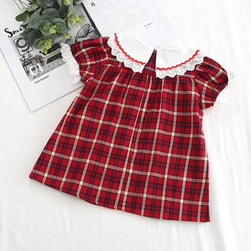 

Childrenswear INS Summer Cute Pastoral Style Lace Embroidery Dress Girls Red Plaid Dress