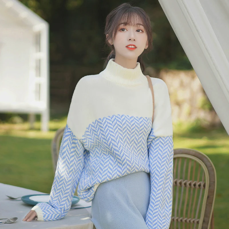 Chic Khaki 2019 Autumn and Winter New Striped Turtleneck Sweater Inner Bottoming Shirt Women's Long Sleeve Color Matching | Женская