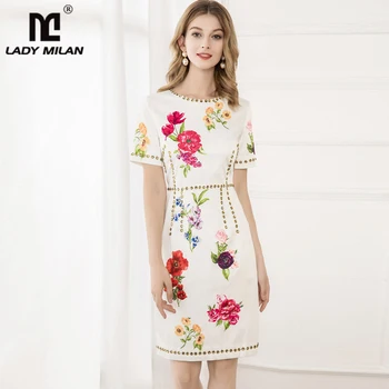 

Women's Runway Dress O Neck Short Sleeves Floral Printed Beaded Fashion Casual Designer Dresses Vestidos
