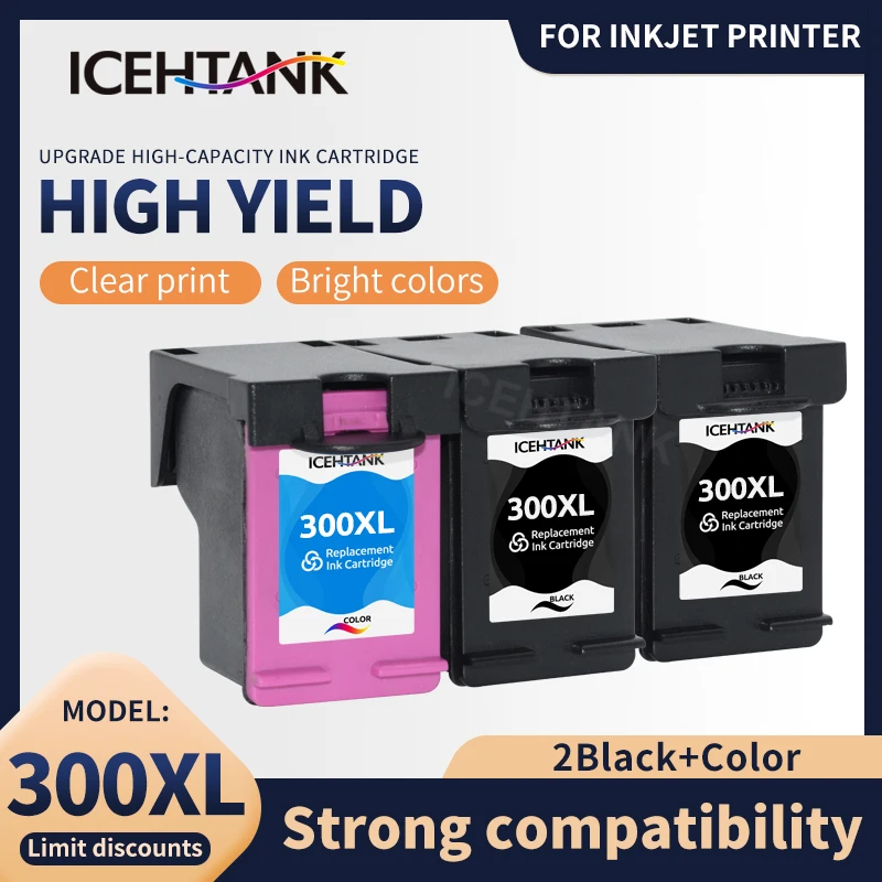 

Icehtank 2BK+1Color Ink Cartridges compatible for hp300 300XL 300 Deskjet D1660 D2560 D2660 D5560 F2420 F2480 F2492 F4210