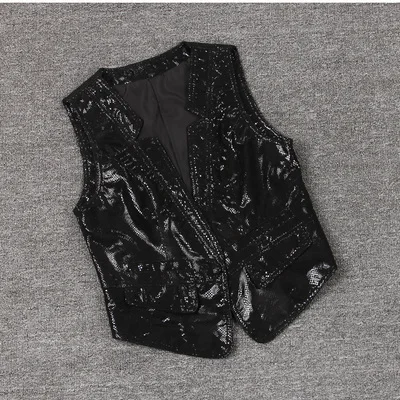 Black Женский короткий жилет из овечьей кожи, глянцевое кожаное пальто, новинка, уличная мода без рукавов, осень-весна, черные, зеленые женские танк-топы - Цвет: Black