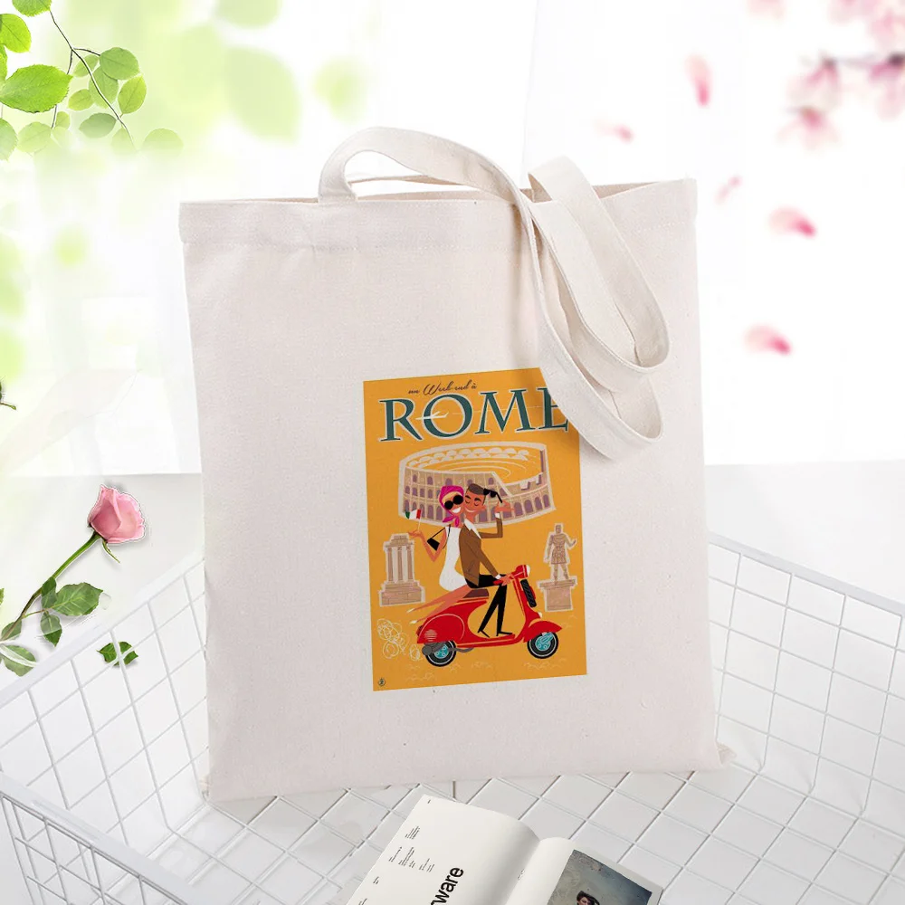 Холщовая Сумка с узором в итальянском стиле для повседневного использования, сумка для покупок, ручная печать логотипа, Экологичная многоразовая утилизация