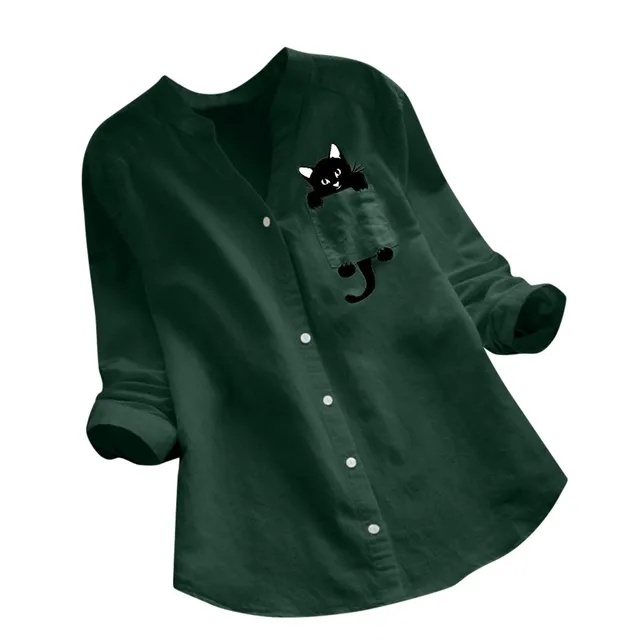 Women Cat Shirt Linen Blouse Long Sleeve Kawaii Blouses Tops Laple Pocket Down collared shirts Spring