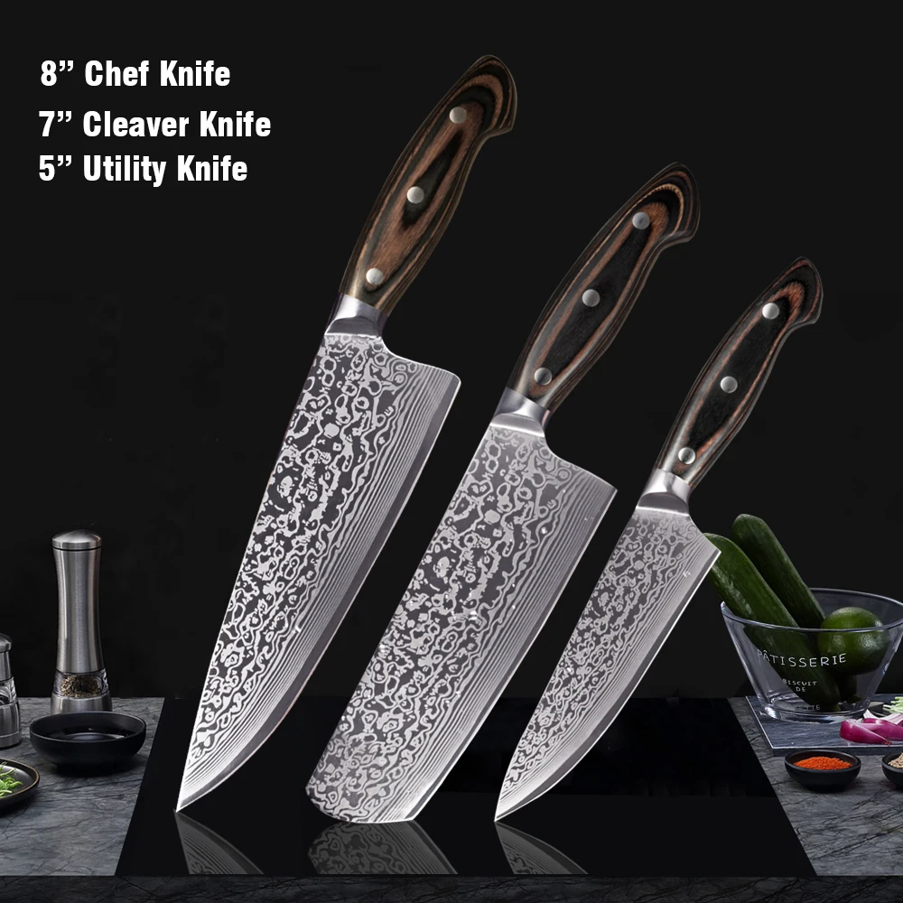 FANGZUO 5 шт. набор кухонных ножей лезвия из нержавеющей стали Дамасские лазерные наборы шеф-ножей Santoku инструменты для приготовления пищи - Цвет: 3pcs-1