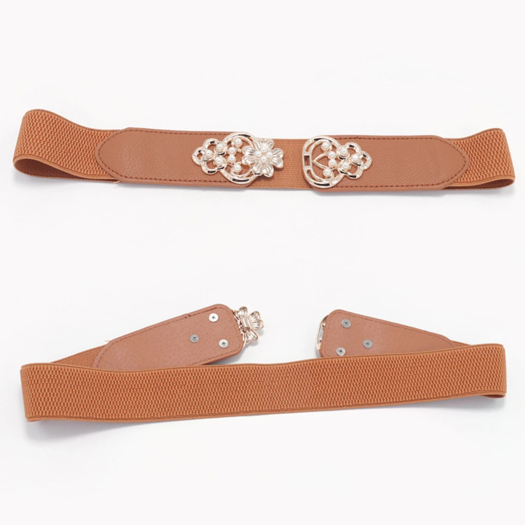 Women Retro Gold Floral Buckle Stretch Belt Lady Fashion Brief Vintage Wide Thin Skinny Elastic Waist Band 907