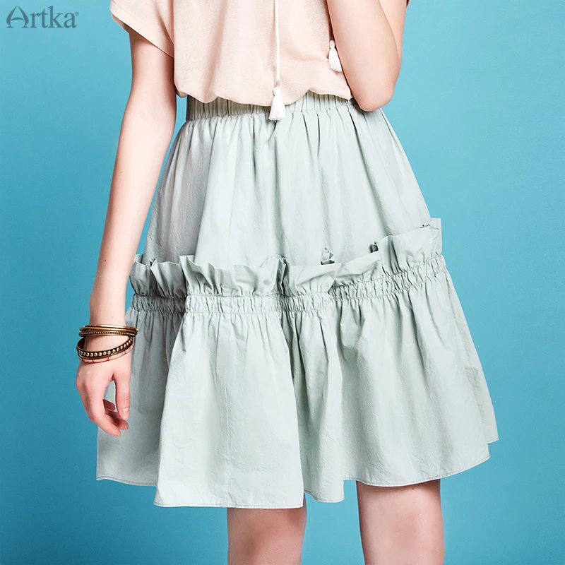 

ARTKA 2020 Spring Summer New Women Skirt Elegant Ruffles A-line Skirt 100% Cotton Elastic Waist Skirts Women QA20200C