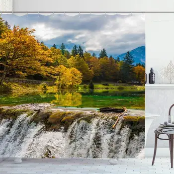 

Shower Curtain Set with Hooks 72x72 Forest Mountain Woods Small Waterfall On De Picturesque Day Quiet Lake Nature Design Green