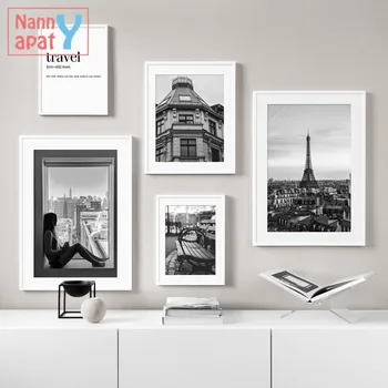 

Retro Black And White Paris Tower Street Chair Girl Wall Art Canvas Painting Nordic Posters Wall Pictures Living Room Decoration