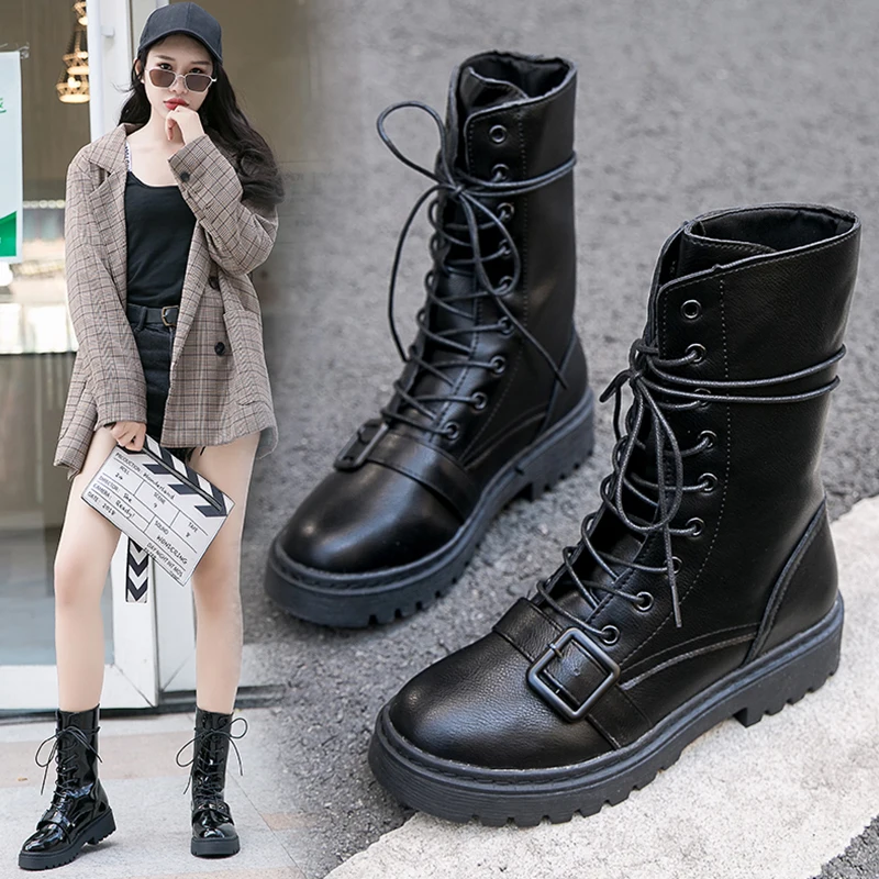 

Women's Mid Calf Boots Fashion Womens Shoes 2019 Low Heels booties Round Toe Booties Ladies Lace Up Rubber Punk Autumn Black