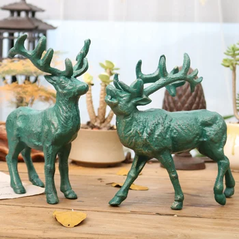 

Gold Green Cast Iron Reindeer Sculptures Vintage Tabletop Reindeer Figurine European Handmade Home Desk Metal Reindeer Statues