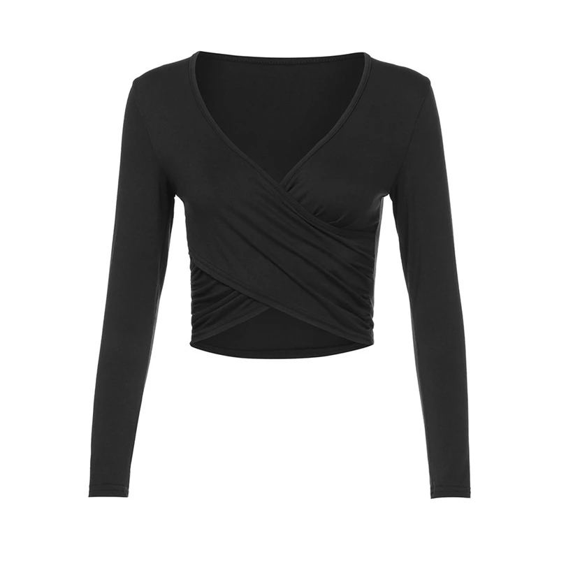 Женская Сексуальная футболка с v-образным вырезом и длинным рукавом, осенняя повседневная черная футболка с рюшами, зимние рубашки