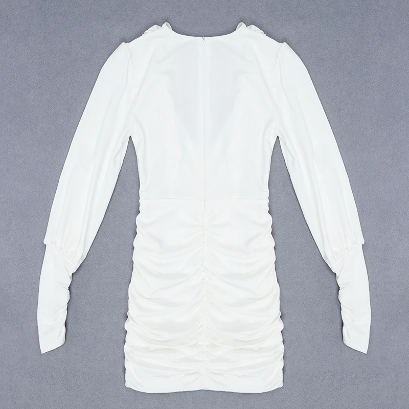 INDRESSME новые трендовые вечерние белые платья с рюшами для женщин, клубные платья, женское сексуальное мини-платье с глубоким v-образным вырезом и длинным рукавом с драпировкой