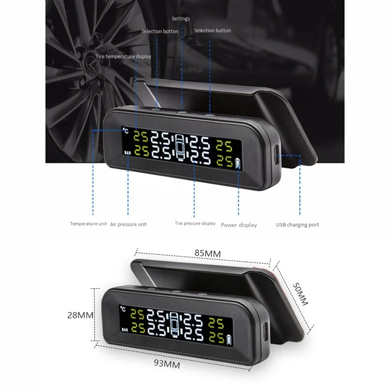 Автомобиль на солнечных батареях TPMS автомобильных шин Давление монитор Системы Беспроводной 4 внешних датчики Цвет цифровой Экран