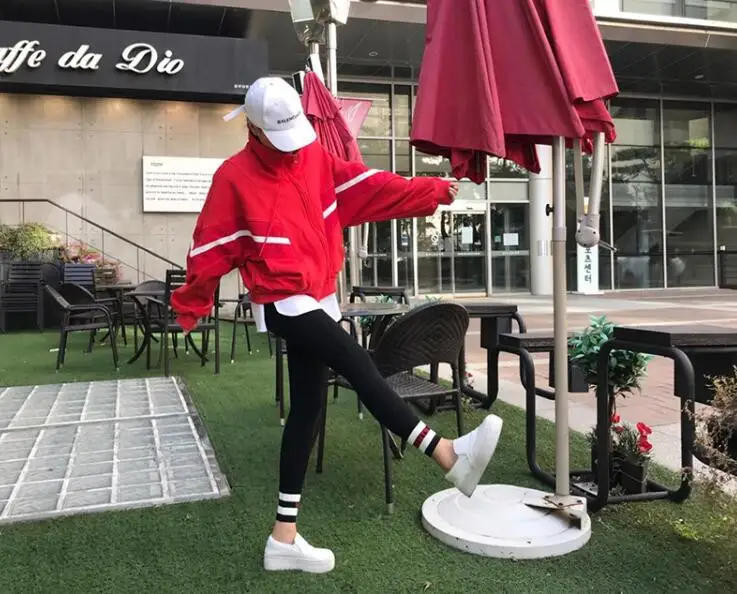 Harajuku Женская толстовка в полоску с рукавом «летучая мышь» со стоячим воротником на молнии, свободные толстовки, повседневный джемпер, топы