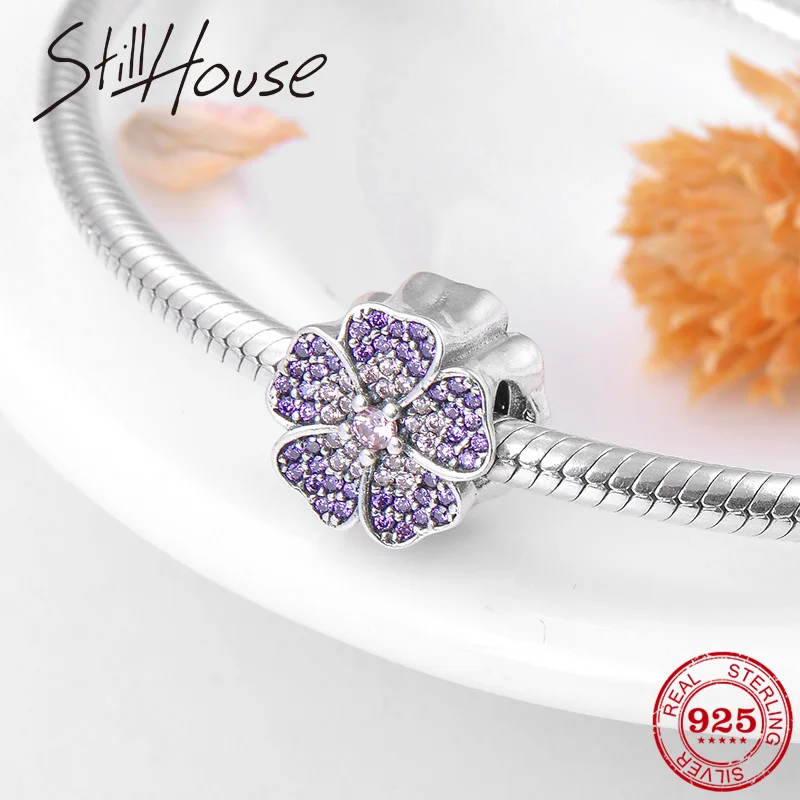 Authentic 925 Sterling Silver Sparkling Purple flowers CZ beads Fit Original European Charm Bracelet Jewelry making | Украшения и