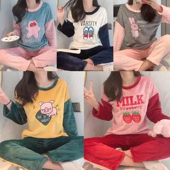

Sleepwear Sets for Women Lovely Pattern Pajamas Set Warm Flannel Long Sleeve Pant Home Wear Lazy Style Lady Underwear Pijamas