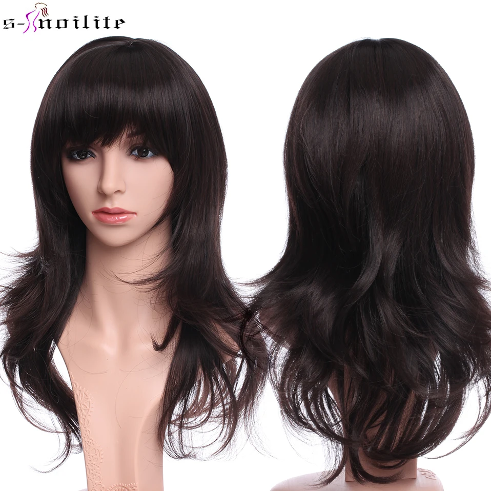 

SNOILITE 15inch Synthetic Wigs With Bangs Layered Long Brown Mixed Two Tone Wigs With Bangs Classic Cap women hair wig