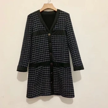 

2019 new fall and winter V neck classic plaid office lady woolen dress