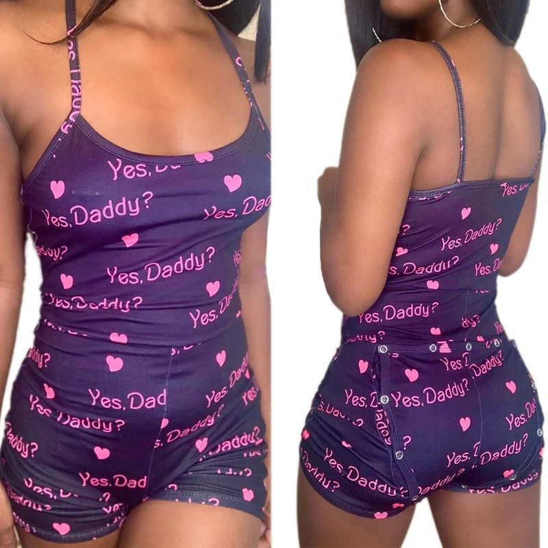 Mono Sexy con solapa en el trasero para mujer, sin mangas con estampado de ropa de dormir Yes Daddy, Pijama de corazón para mujer