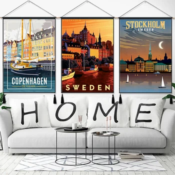 

Sweden Stockholm Denmark Copenhagen Travel Vintage Hanging Cloth Cotton Line Painting Poster Home Decor Wall Hanging Tapestry