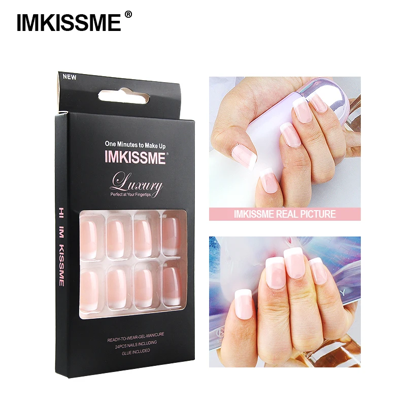 

IMKISSME 24Pcs/Box White Pink French Fake Nails Long Acrylic Classical Full Artificial Press