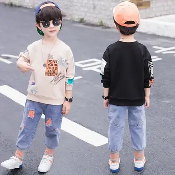 

Boys autumn jeans suit 2020 new western style big boy casual Korean printed sweater two-piece set
