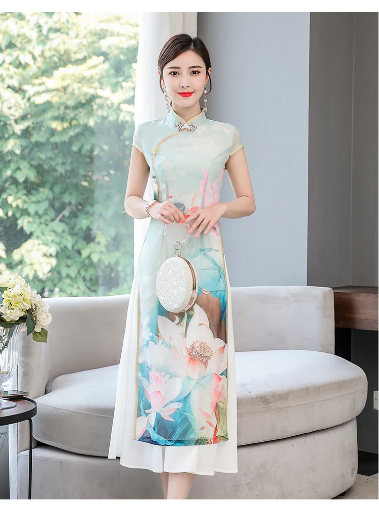 Fs6665 Одри улучшенное Cheongsam Летнее Длинное платье феи ветер свежий Лотос Большой размер повседневная жизнь ретро платье