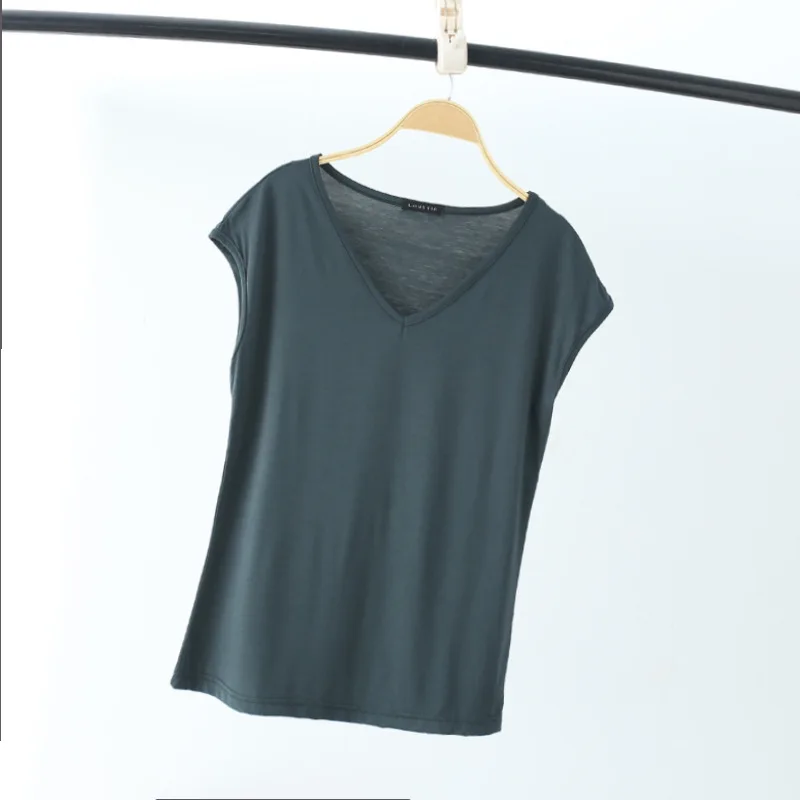 Solid V Neck Basic Tshirt Women summer modal Loose Tee Tops Casual undershirt M to 2XL235_voghion.com
