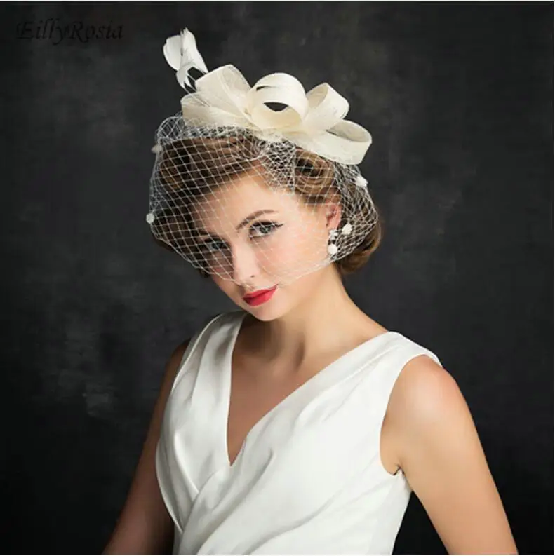 

Face Veil Hats for Women Bridal Feather Wedding Hats and Fascinators 2020 Linen Tulle Women Party Hair Accessories Hats European