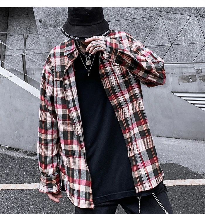ALEIFRIC Клетчатая Мужская рубашка с буквенным принтом модная Harajuku уличная хип хоп Повседневная хлопковая верхняя одежда с карманами и