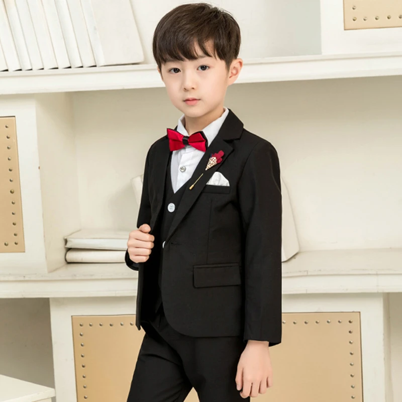 B black 3pcs Торжественный смокинг для мальчиков; Свадебный костюм; детский Блейзер; жилет; брюки; комплект одежды из 3 предметов; школьный костюм для подростков - Цвет: B black 3pcs