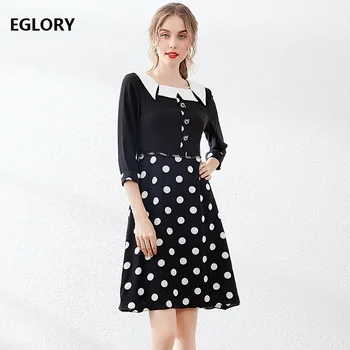 

New Korean Fashion Dress 2019 Autumn Style Women Square Collar Polka Dot Print Beading Button Deco 3/4 Sleeve Casual Work Dress