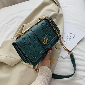 

High quality 2020 Fashion Designer chain embossed handbag Shoulder Simple Small Square Bag Lady Crossbody Bag black green red