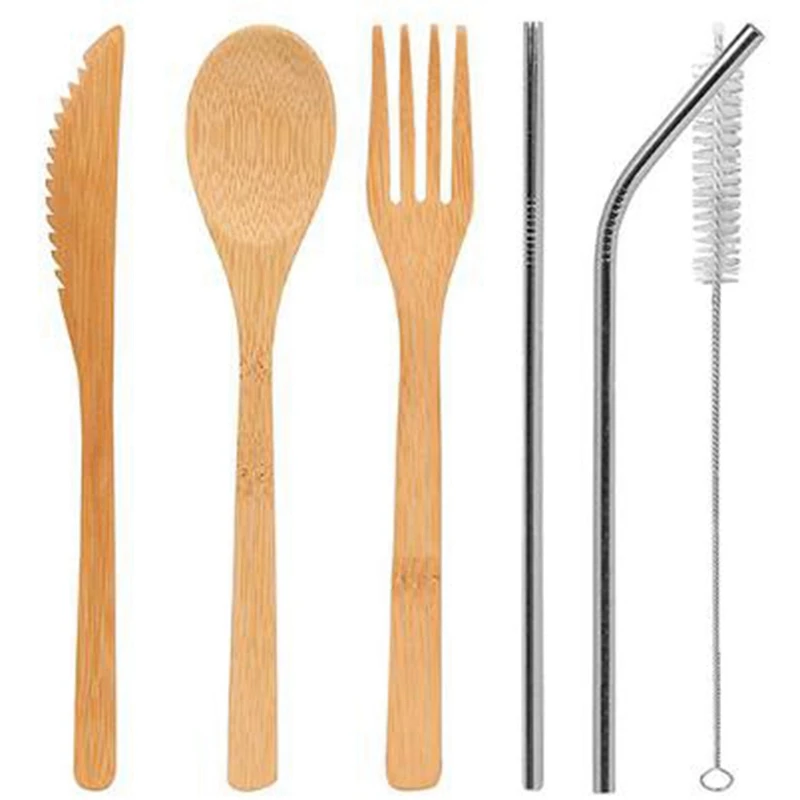 

6 Pcs/ Set Reusable Bamboo Cutlery Set Portable Tableware Wooden Cutlery Fork Spoon Knife Set With Cutlery Bag For Travel Utensi