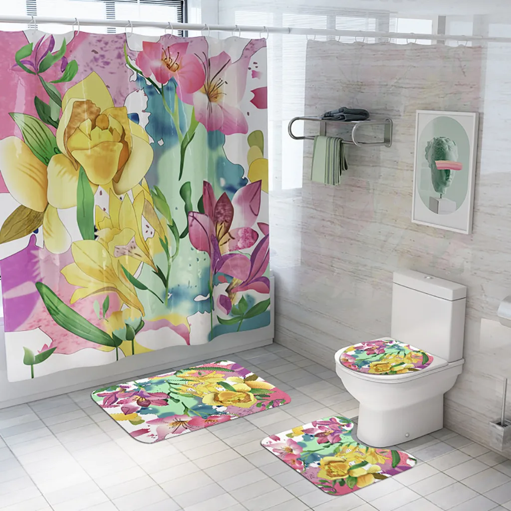Цветы занавеска для душа напольный коврик из четырех частей набор ковриков для ванной безвредный фланелевый материал изысканный принт#4 - Цвет: D
