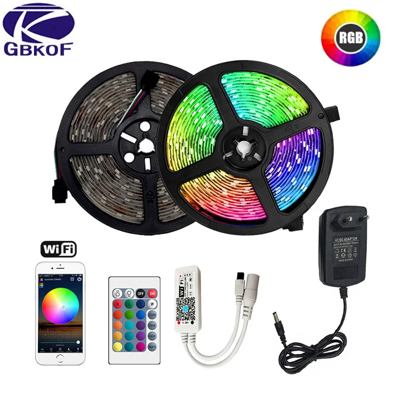 cheap 5m 10m 15m WiFi LED Strip Light RGB Waterproof SMD 5050 2835 DC12V rgb String Diode Flexible Ribbon WiFi Contoller+Adapter plug