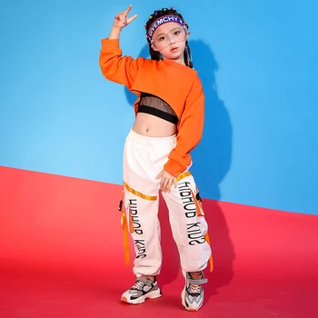 

Fashion Girl Hip Hop Jazz Dance Costume Orange Navel Top Street Hip Hop Dance Pant Children Hip Hop Costume Kids Clothes 3221