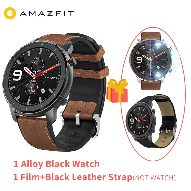 【ES запас 】 47 мм Huami AMAZFIT GTR Смарт-часы, глобальная версия, gps 5ATM Водонепроницаемый Smartwatch активно-матричные осид, Экран 24 дней Срок службы батареи - Цвет: black black leather