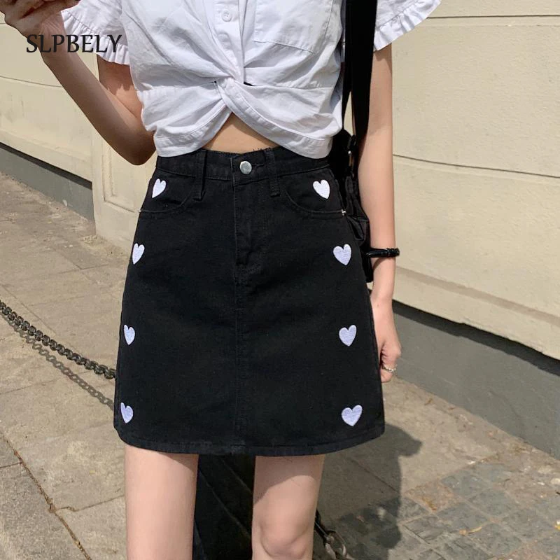 

SLPBELY High Waist Denim Mini Skirt Heart Print 2021 Summer Cotton A-Line Black Blue Jeans Skirt Package Harajuku Plus Size New