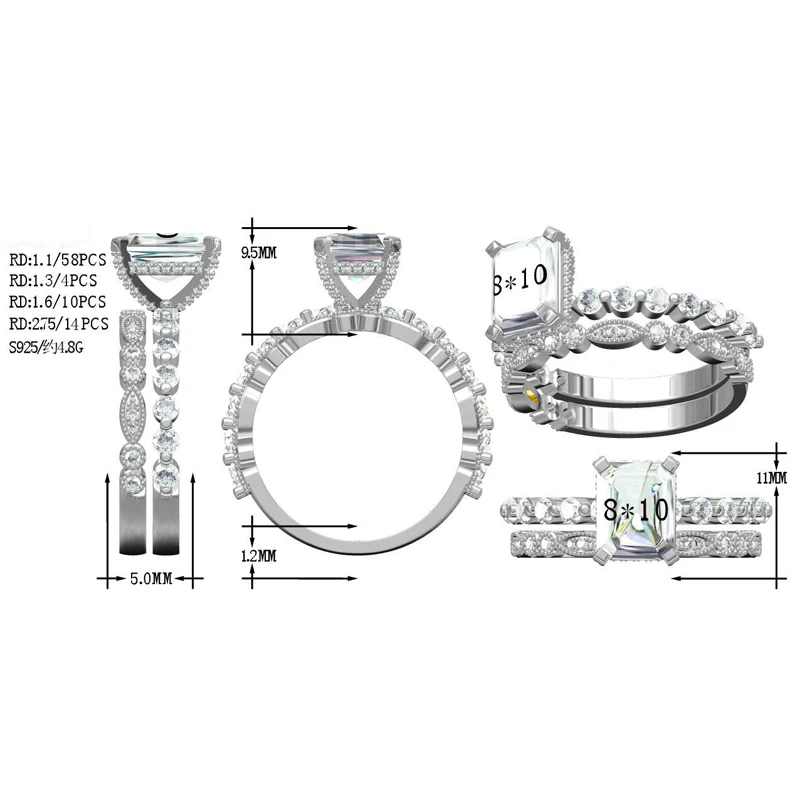 OEVAS Luxury 100% 925 Sterling Silver Created Moissanite Gemstone Engagement Ring Sets Wedding Band Fine Jewelry Wholesale