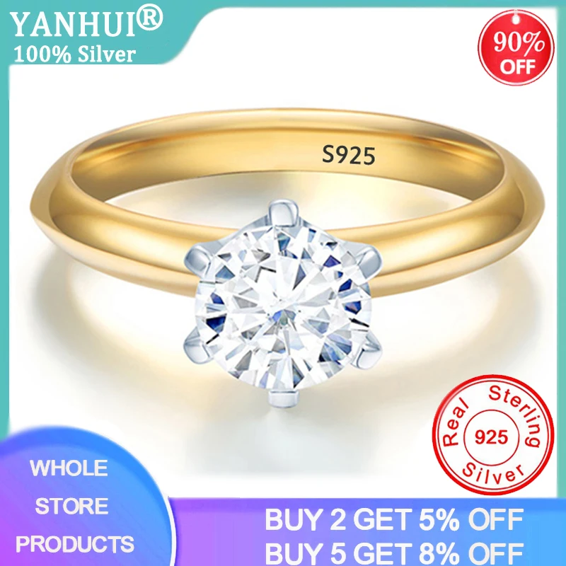 YANHUI 100% Original 925 Solid Silver Rings Exquisite Gold Color 5.5mm Zirconia Diamond Wedding Rings