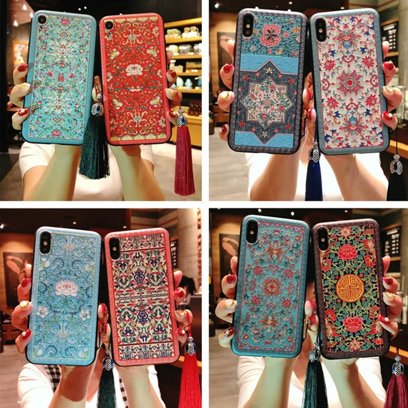 

Wind Palace flower phone case for iPhone X XS XR XSMax 8 76 6S PluS 5 5SE tassel pendant embossed silicone drop protection cover
