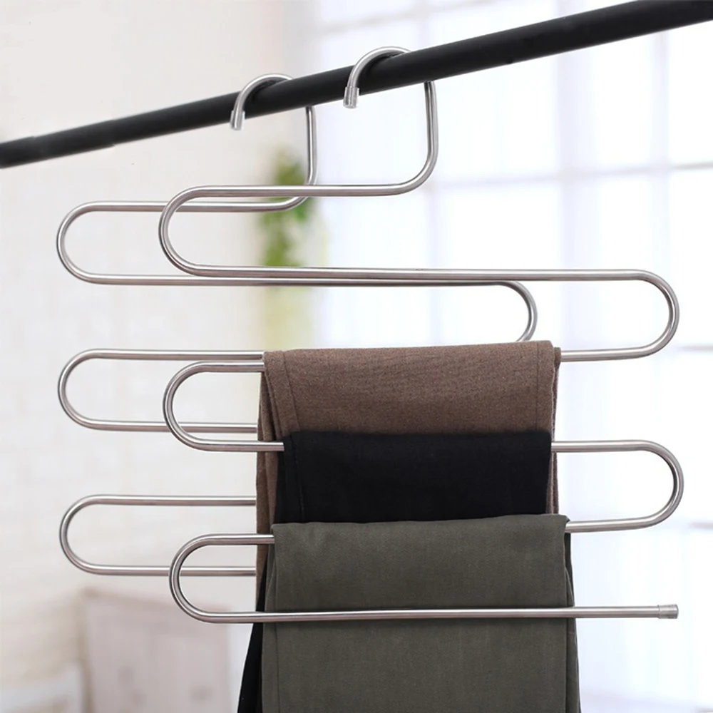 

Multi-function Stainless Steel Pant Rack S-type 5 Layers Magic Large Capacity Non-slip Hanger Closet Storage Bathroom Holder D35