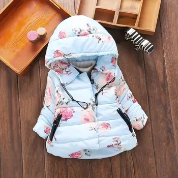 

Baby girl winter new fashion coat girl down jacket coat flower printing thickened warm cotton coat big fur collar hooded jacket