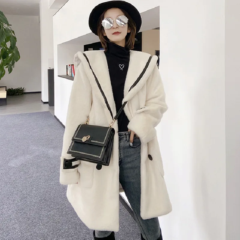 

Winter coat Women clothes mid-length warm thick faux fur Navy collar white black fashion fur outerwear women