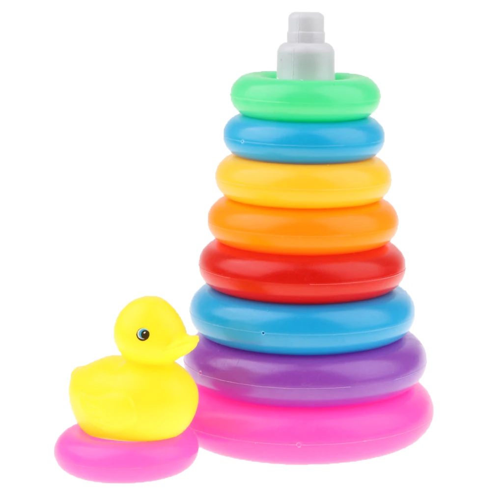 9 Rainbow Color Stacking & Nesting Rings with a Yellow Duck Bath Toy Kit, Kids Baby Toddler Bath Time Playing